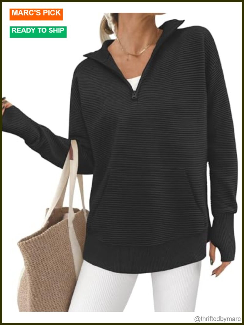 Quarter Zip V-Neck Pullover Sweater, Ribbed Knit Long Sleeve with Thumb Hole &